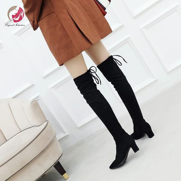 

boots original intention winter over knee high black woman poined toe square heels stylish lady shoes fashion plus size