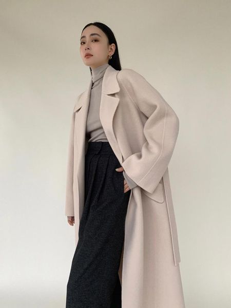 

women's wool & blends classic double-faced cashmere coat fall/winter 2021 high-end mid-length over-the-knee woolen, Black