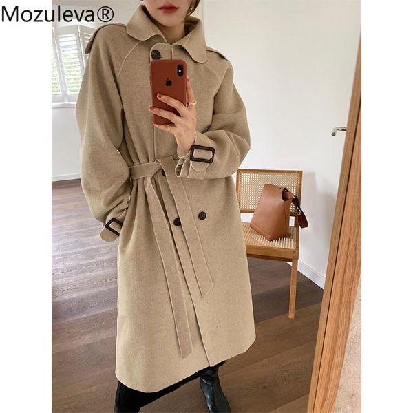 

women's wool & blends mozuleva retro double-breasted women loose long woolen coats autumn winter warm sleeve turn down collar female ov, Black