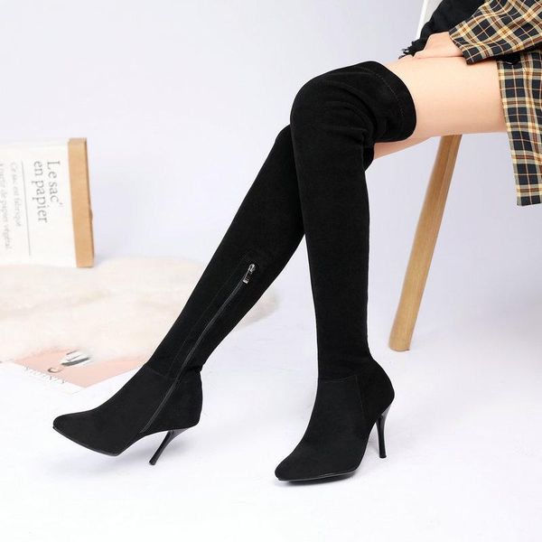

boots stiletto stretch over the knee women flock thin high heel thigh zipper autumn winter woman's shoes, Black