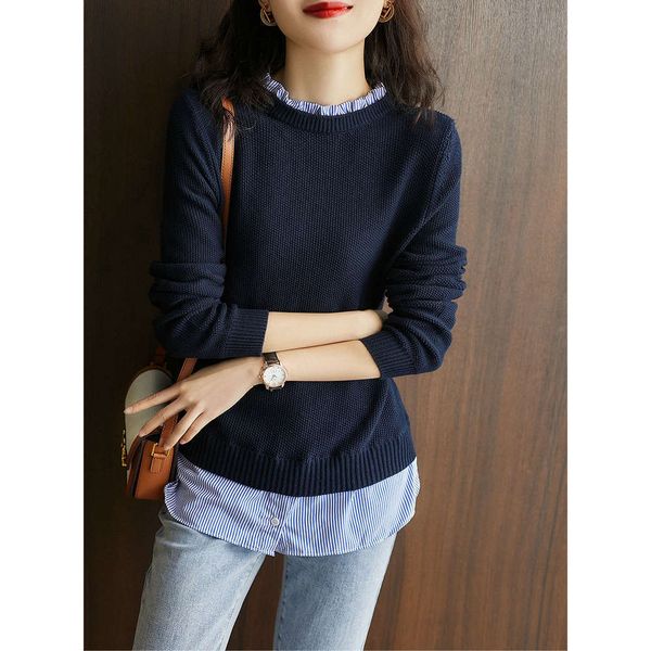 

splicing sweater female spring version edge stand collar bottomed shirt top, White;black