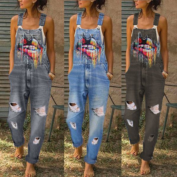 

women's jeans large denim suspenders with wash printed teeth, Blue