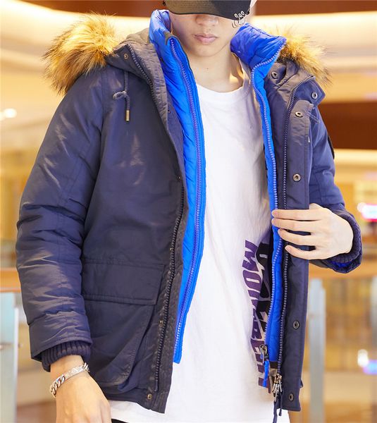 

down jacket american af warm cotton men's loose coat autumn and winter stand collar hooded thickened fashion outdoor, Black