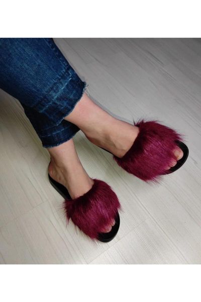 

women burgundy shaggy home slippers, Black