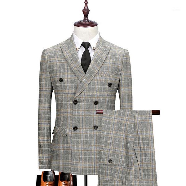 

men's suits & blazers [jacket+vest+pants]luxury fashion double-breasted plaid business casual blue suit 3-piece groom wedding tuxedo, White;black