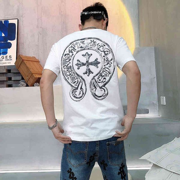 

new fashion brand short men's ch horseshoe sanskrit printing loose cotton trend t-shirt net red half sleeve, White;black