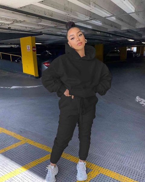 

2pcs tracksuits casual solid womens pants color loose sweater hoodie with pocket drawstring elastic waist set, White