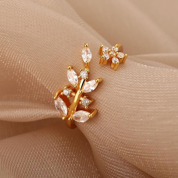 

wedding rings luxury zircon crystal leaves for women gold adjustable sweet style flowers ring party jewelry gift, Slivery;golden