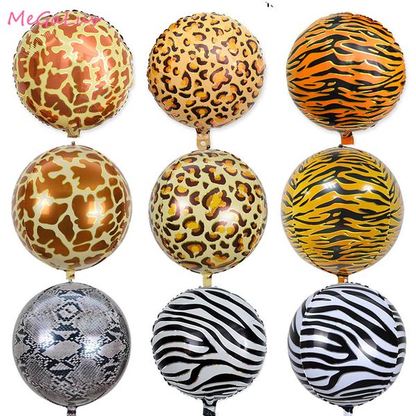 5 Stück Dschungel Safari Party Folienballons 2D 4D Tiger Giraffen Leoparden Zebras Schlangen Muster Runder Ballon Geburtstag Party Dekor