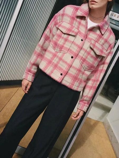 

women's jackets a early autumn sweet temperament simple lapel pocket decoration casual retro plaid short shirt jacket, Black;brown