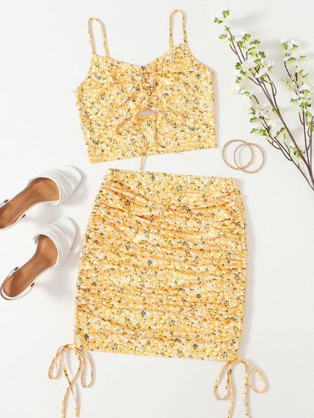 

drawstring knot cut out front ditsy floral cami & ruched skirt set j4ru#, White