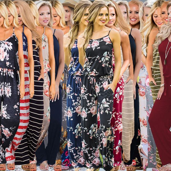 

women floral strap jumpsuit 17 styles summer sleeveless rompers boho floral print jumpsuits loose pants playsuits ooa6396, Black;white