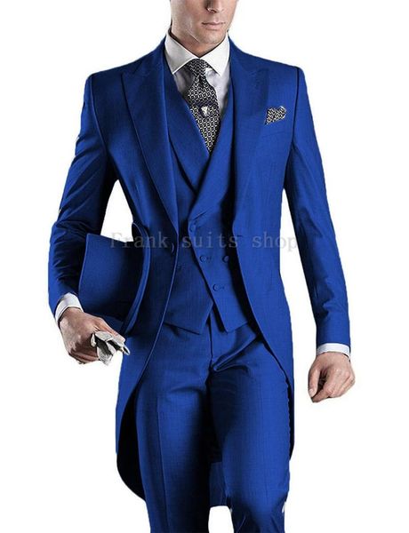 Royal Blue Single Breasted Weste Lange Schwanzmantel Hochzeitsanzüge Für Männer Erreichte Revers Herren Anzug Abendparty Gentlemen Tuxedos Herren Blazer