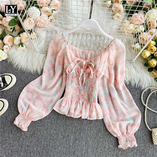 

ly varey lin autumn women sweet print shirts puff sleeve v neck lace up smocked ruffled hem blouses candy color 210526, White