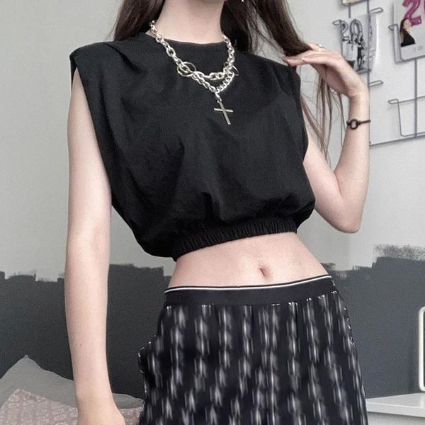 

women's t-shirt women summer sleeveless crop solid black o neck casual elastic waist short slim vest club streetwear, White