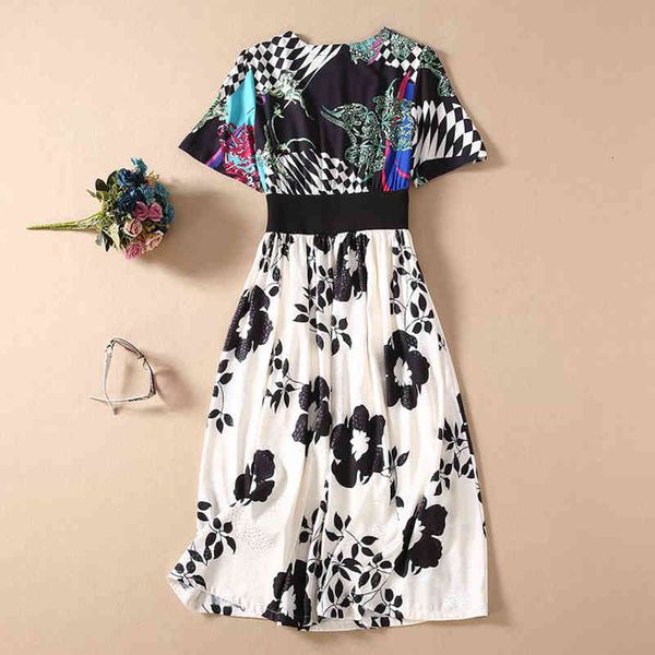 

dress seqinyy ed casual 2021 summer fashion design short sleeve flowers print high street dobby midi, Black;gray