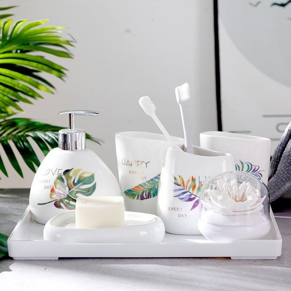 

wedding bathroom kit ceramic six-piece set nordic green plants washing 7pcs/set melamine tray bath accessory