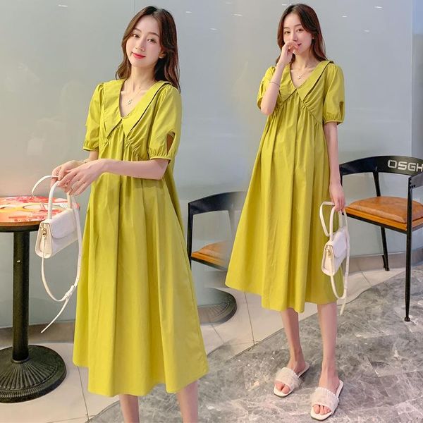 

maternity dresses pregnant dress summer a-line lapel short sleeve women clothing long for pregnancy vestido, White