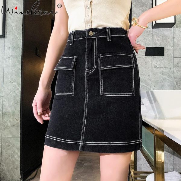 

skirts s-5xl women denim buttoned mini skirt plus size bf style solid a-line summer casual pockets loose ladies faldas b04503b, Black