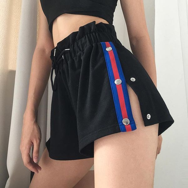 

fashion elastic high waist sport shorts women 2021 summer stripe side button decoration short femme black feminino women's, White;black