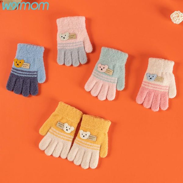 

children's mittens warmom winter kids knitted gloves warm children full fingers boys girls cute cartoons, White