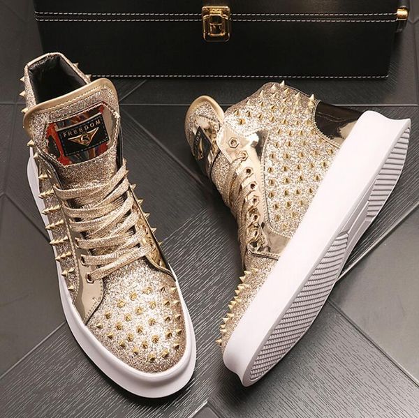 

men golden luxury boots mens rivet sneakers spikes men's shoes sheet metal high punk platform men casual shoe ankle boot zapatillas ho, Black