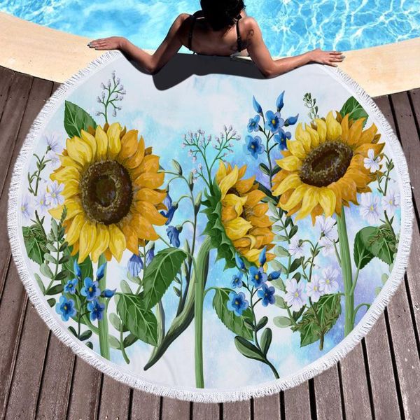 

150cm sunflower model round beach blanket microfiber towel shawl with tassel printed cloth camping equipment outdoor pads