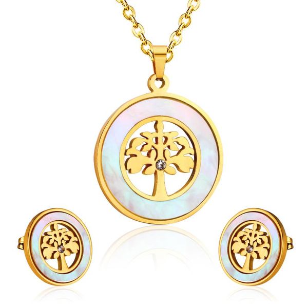 

earrings & necklace yoiumit round hollow shell tree pendant fashion jewelry set perfect birthday gift gold steel color, Silver