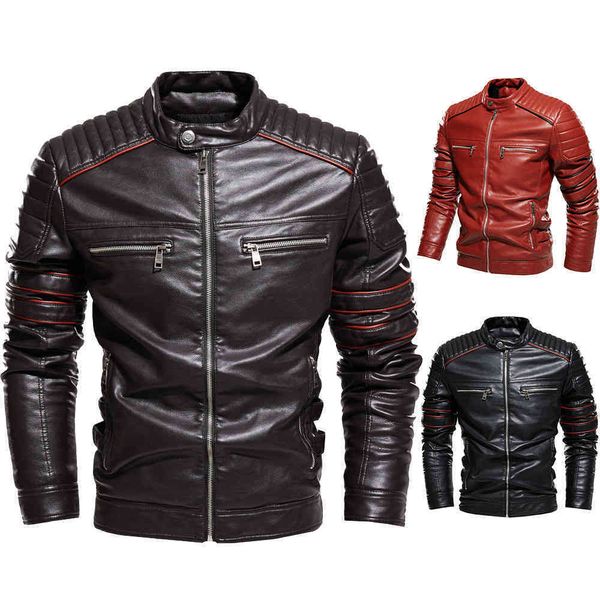 

fashion men jackets gentlemen stand collar coat male leather jacket slim fit motorcycle outerwear autumn fleece coats, Black;brown