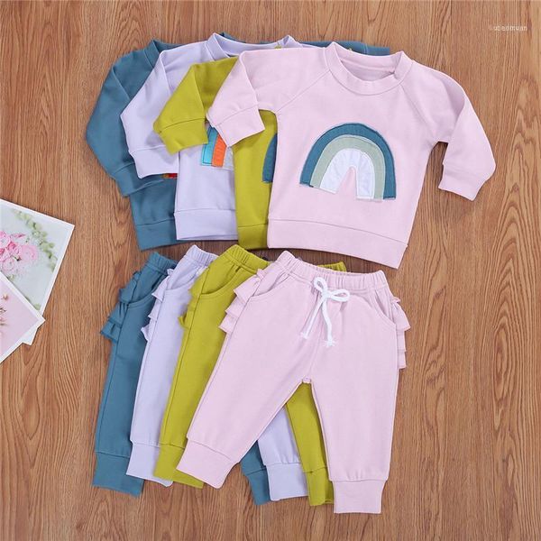 

baby autumn clothing born boys girls long sleeve cute rainbow splice t-shirt pants infant set 1, White