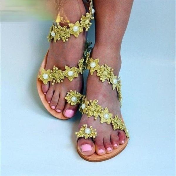 

sandals 2021 fashion women three-dimensional flower pearl floral flat comfortable shoes females summer, Black