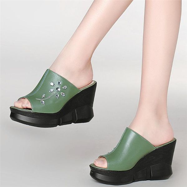 

dress shoes women genuine leather wedges high heel crystal roman gladiator sandals female summer open toe platform pumps casual, Black