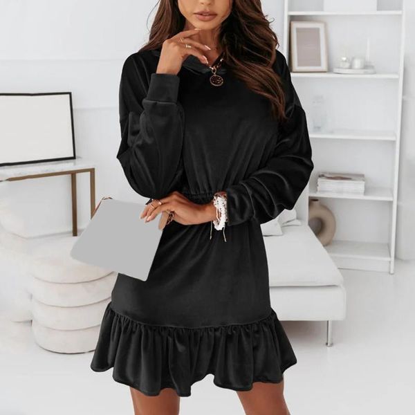 

casual dresses 2021 autumn solid chic velvet party dress women elegant ruffle hooded pullover winter long sleeve soft mini, Black;gray
