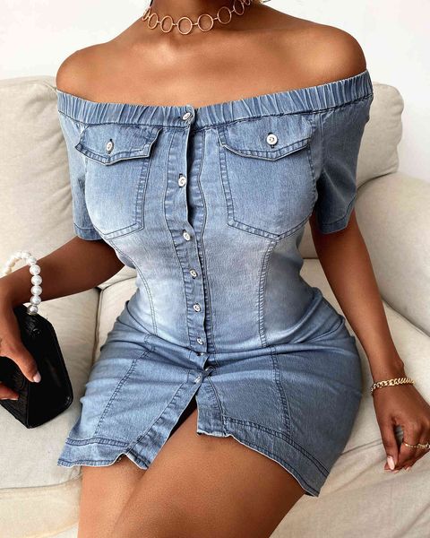 Frühling Frauen Weg Schulter Knöpft Denim Bodycon Mini Kleid Femme Sexy Büro Outfit Damen Party Tragen Valentinstag Neue 210415