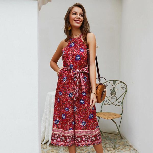 

women's jumpsuits & rompers women jumpsuit lady romper beach summer chiffon halterneck boho fashion party sleeveless floral print casua, Black;white