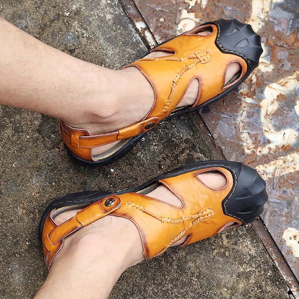 

mens sandals leather beach sandals brand men casual shoes genuine split leather sneakers men slippers flip flop shoes, Black