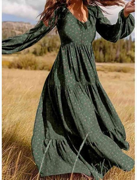 

floral chiffon fashion womens dresses plus size v neck boho retro holiday leisure long sleeved beach temperament lady, Black;gray