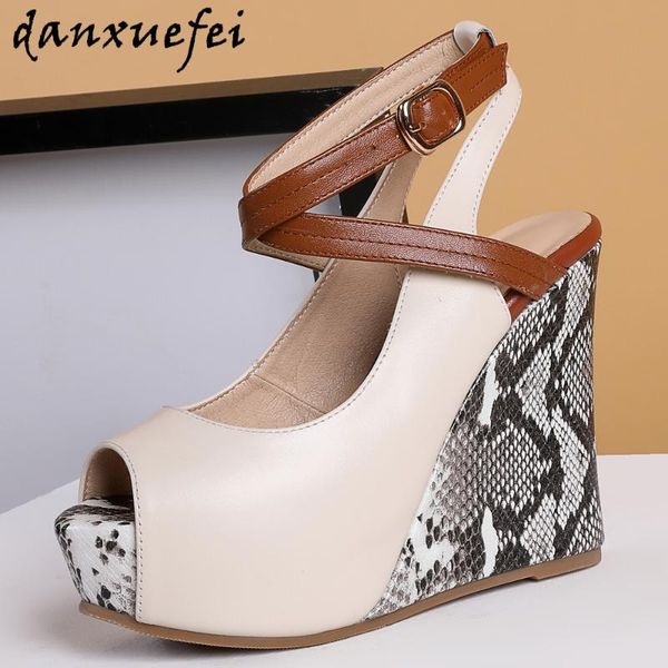 

dress shoes women's genuine leather ultra high heel wedge platform ankle strap pumps open toe ladies night club slim sandal, Black