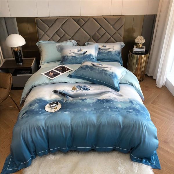 

bedding sets 4pcs gradient colour ocean blue set king size silk bed linen spring summer whale print duvet cover  double
