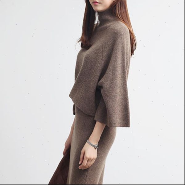 

2 piece set fashion sweater women dress autumn knit suit loose hooded high collar shirt and tassel bag hip skirt, White