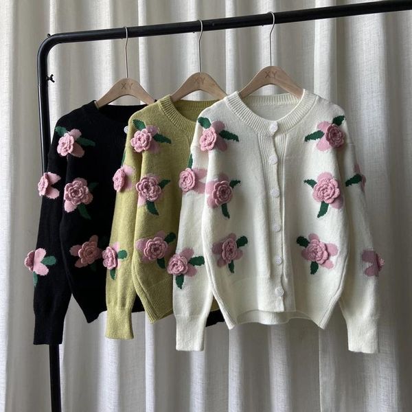 

women's sweaters female vintage knitwear cardigan jacket preppy style heavy industry rose embroidery sweater coat autumn winter cute, White;black