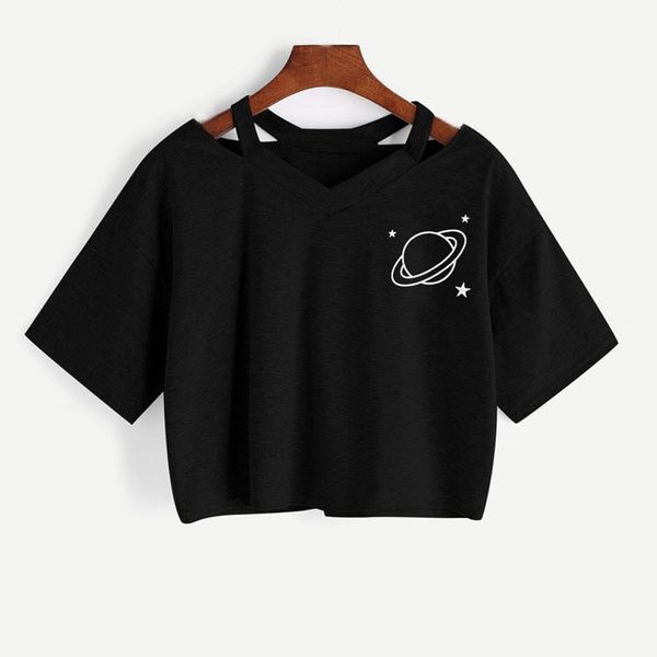 

summer tee femme casual planet women t shirts printed short sleeve crop black camisetas verano, White