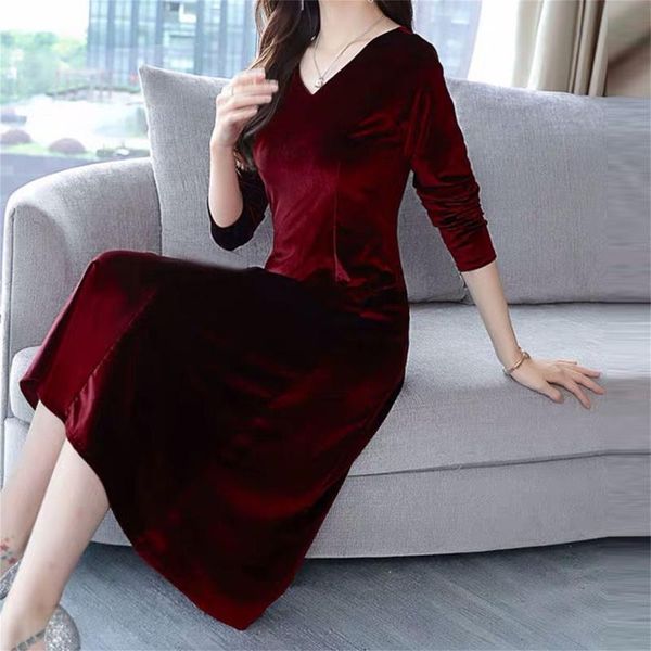 

casual dresses spring women dress v-neck velvet long sleeve slim high waist basic solid midi for elegent ladies 2021 vestidos, Black;gray