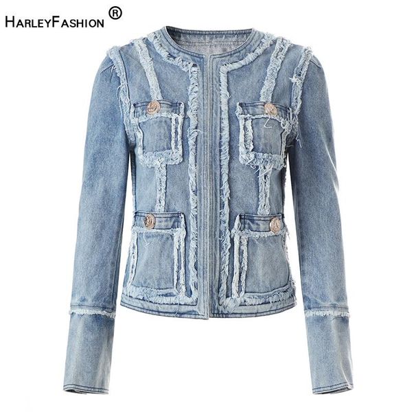 

women's jackets autumn winter european women casual denim jackers open stitch gold buttons tassel washed quality jeans coats, Black;brown
