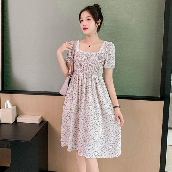 

summer dress for pregnant women casual sweet square collar flower printed chiffon maternity dresses pregnancy clothes plus size, White