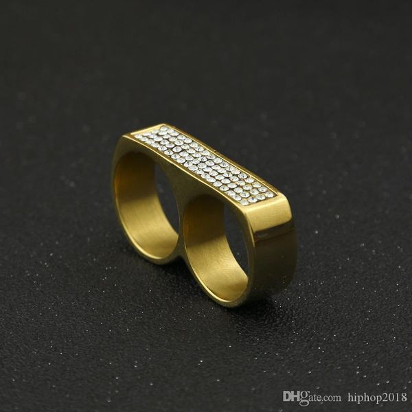 

mens double finger ring fashion hip hop jewelry iced out stainless steel gold rings, Silver