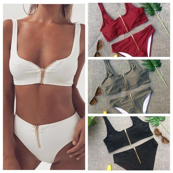 

women's swimwear bikini 2021 women high waist swimsuit female zipper bikinis set push up two pieces swimming bathing suit black biquini, White;black