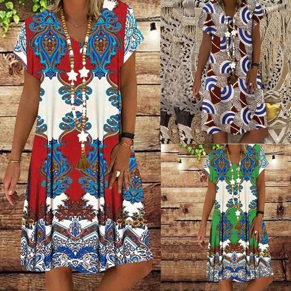 

h30 bohemian casual loose mini womens dress floral print v neck short sleeve vintage summer party vestidos, Black;gray