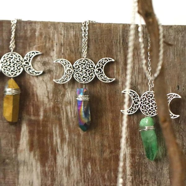 

chains viking natural color crystal necklaces three phase moon jewelry witch witchcraft raw pendant necklace women gift, Silver