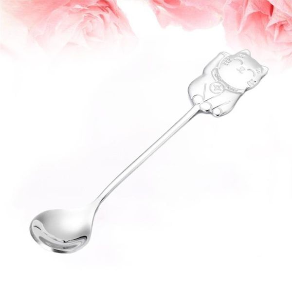 

spoons 304 stainless steel luck cat coffee stirring spoon cartoon dessert for eating dinner kitchen (silver)